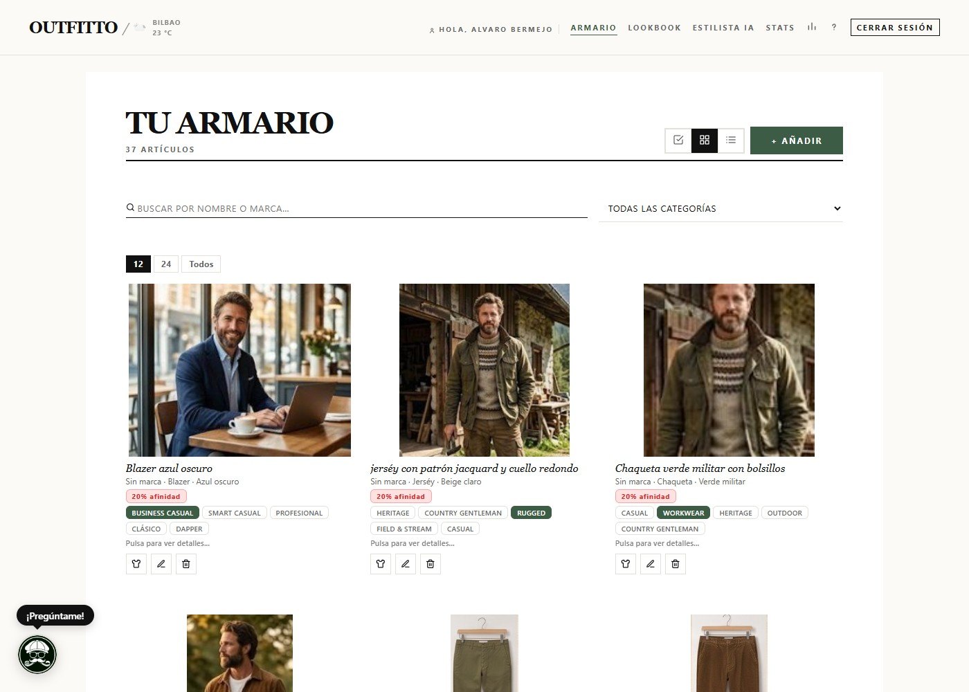Armario digital de Outfitto con las prendas catalogadas por la IA