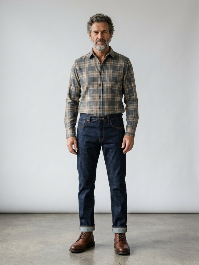Fitto visualizando un outfit real generado a partir del armario del usuario: camisa de franela de cuadros, vaqueros oscuros y botas de cordones