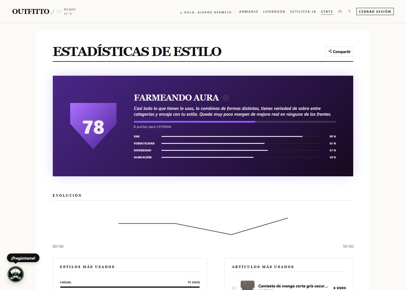 Panel de estadísticas de estilo: puntuación, diversidad y alineación del armario