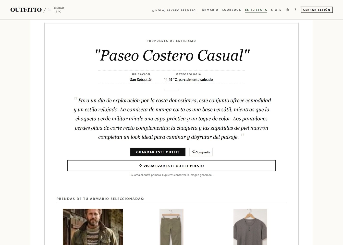 Constructor de cápsulas de viaje generando un outfit para un día de turismo